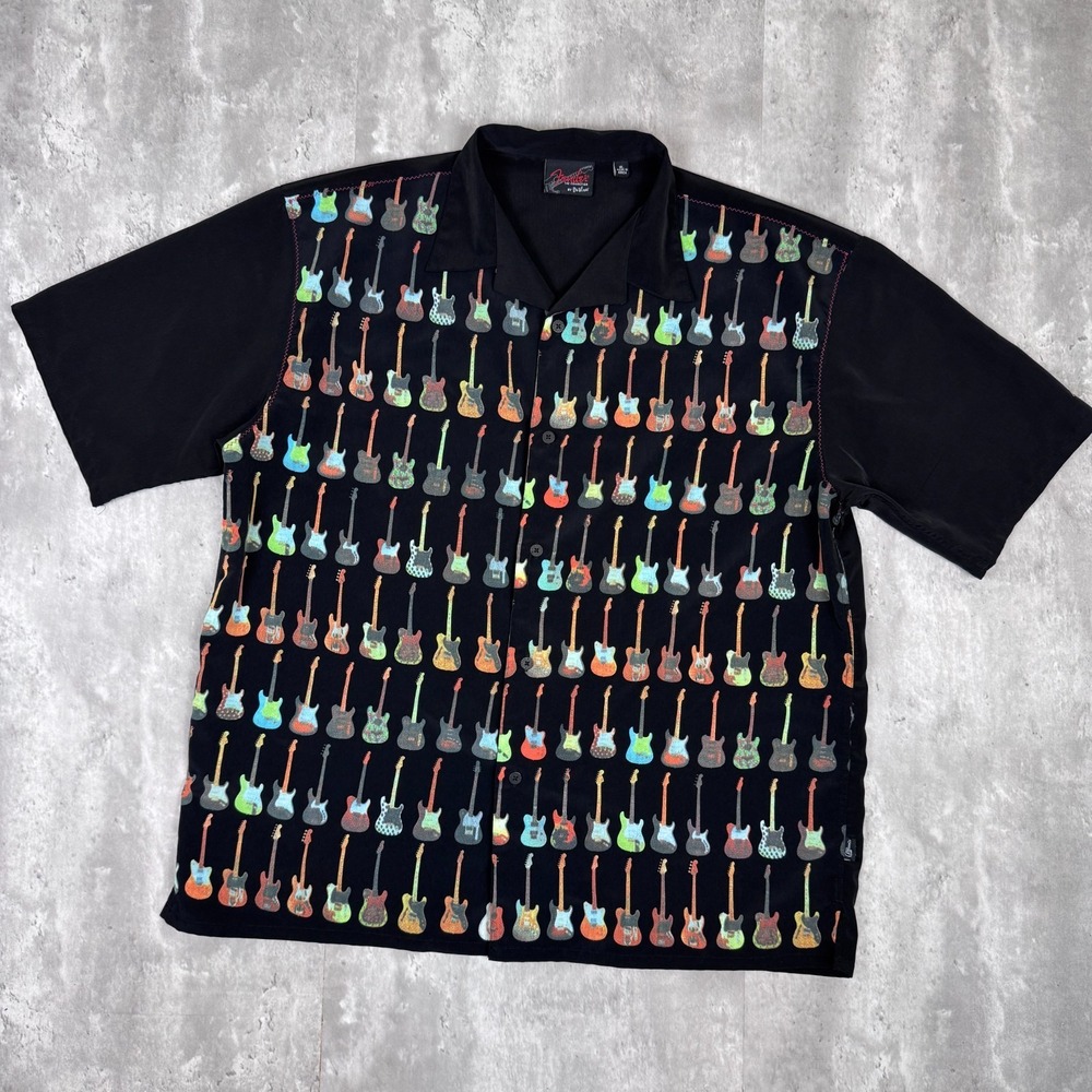 Fender By Va Vinci Guitar Printed Bowling Camp Shirt Mens XL Black Short Sleeve